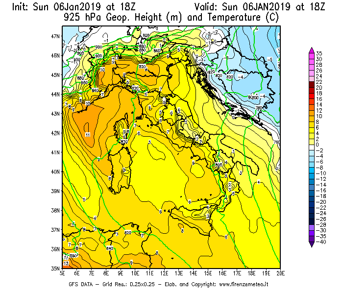 Mappa di analisi GFS - Geopotenziale [m] e Temperatura [°C] a 925 hPa in Italia
							del 06/01/2019 18 <!--googleoff: index-->UTC<!--googleon: index-->