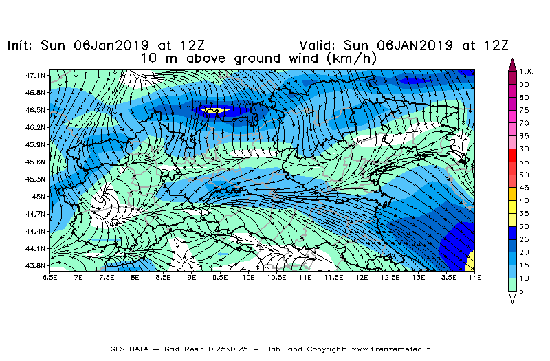 Mappa di analisi GFS - Velocità del vento a 10 metri dal suolo [km/h] in Nord-Italia
							del 06/01/2019 12 <!--googleoff: index-->UTC<!--googleon: index-->