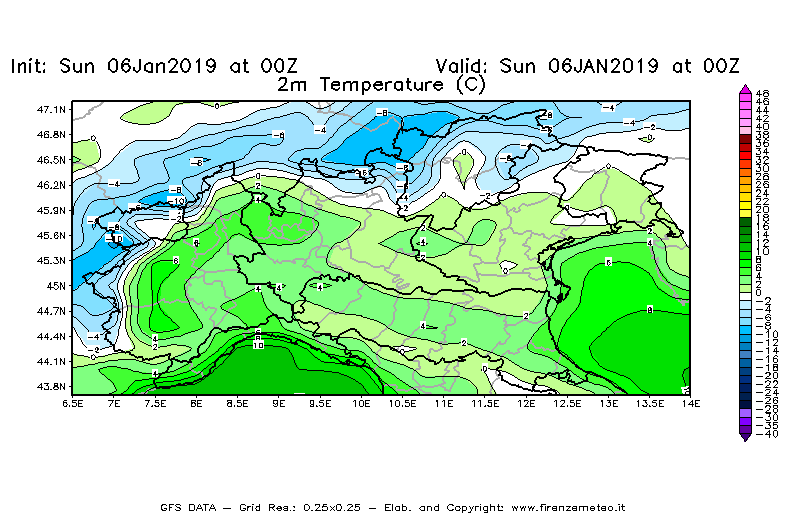 Mappa di analisi GFS - Temperatura a 2 metri dal suolo [°C] in Nord-Italia
							del 06/01/2019 00 <!--googleoff: index-->UTC<!--googleon: index-->