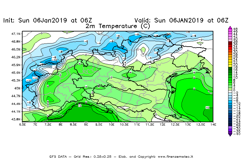 Mappa di analisi GFS - Temperatura a 2 metri dal suolo [°C] in Nord-Italia
							del 06/01/2019 06 <!--googleoff: index-->UTC<!--googleon: index-->