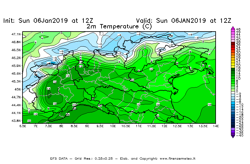 Mappa di analisi GFS - Temperatura a 2 metri dal suolo [°C] in Nord-Italia
							del 06/01/2019 12 <!--googleoff: index-->UTC<!--googleon: index-->