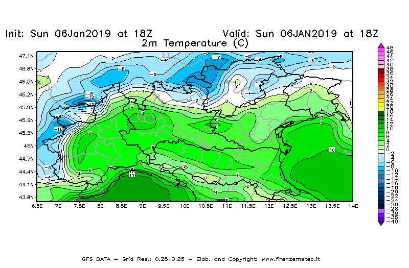 Mappa di analisi GFS - Temperatura a 2 metri dal suolo [°C] in Nord-Italia
							del 06/01/2019 18 <!--googleoff: index-->UTC<!--googleon: index-->