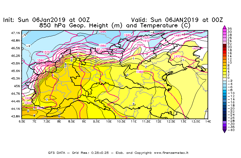Mappa di analisi GFS - Geopotenziale [m] e Temperatura [°C] a 850 hPa in Nord-Italia
							del 06/01/2019 00 <!--googleoff: index-->UTC<!--googleon: index-->