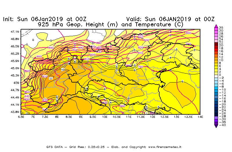 Mappa di analisi GFS - Geopotenziale [m] e Temperatura [°C] a 925 hPa in Nord-Italia
							del 06/01/2019 00 <!--googleoff: index-->UTC<!--googleon: index-->
