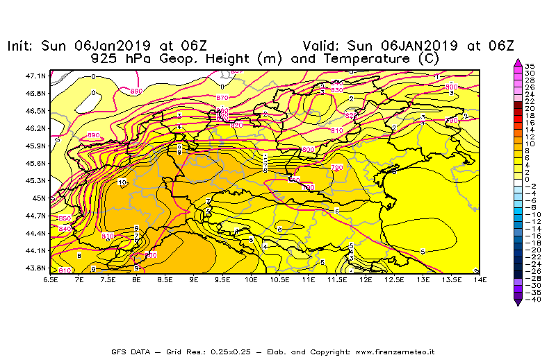 Mappa di analisi GFS - Geopotenziale [m] e Temperatura [°C] a 925 hPa in Nord-Italia
							del 06/01/2019 06 <!--googleoff: index-->UTC<!--googleon: index-->