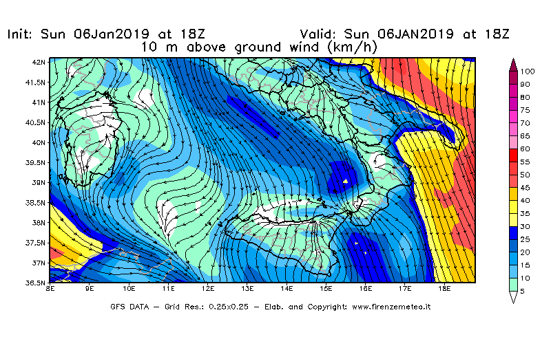 Mappa di analisi GFS - Velocità del vento a 10 metri dal suolo [km/h] in Sud-Italia
							del 06/01/2019 18 <!--googleoff: index-->UTC<!--googleon: index-->