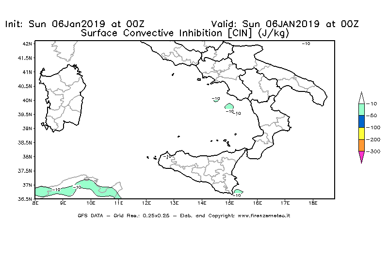 Mappa di analisi GFS - CIN [J/kg] in Sud-Italia
							del 06/01/2019 00 <!--googleoff: index-->UTC<!--googleon: index-->