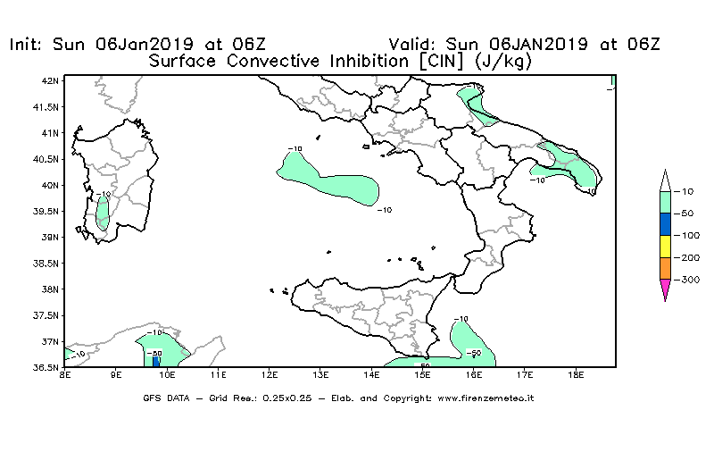 Mappa di analisi GFS - CIN [J/kg] in Sud-Italia
							del 06/01/2019 06 <!--googleoff: index-->UTC<!--googleon: index-->