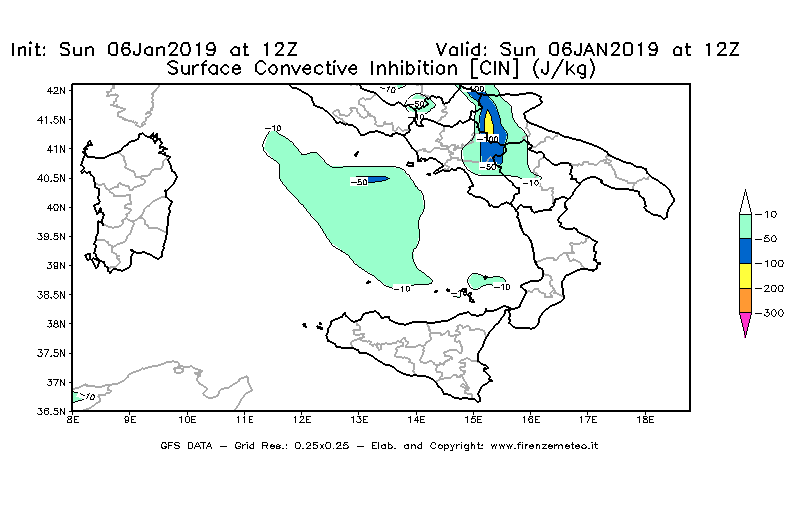 Mappa di analisi GFS - CIN [J/kg] in Sud-Italia
							del 06/01/2019 12 <!--googleoff: index-->UTC<!--googleon: index-->