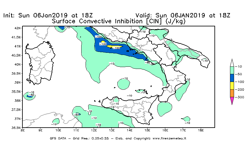 Mappa di analisi GFS - CIN [J/kg] in Sud-Italia
							del 06/01/2019 18 <!--googleoff: index-->UTC<!--googleon: index-->