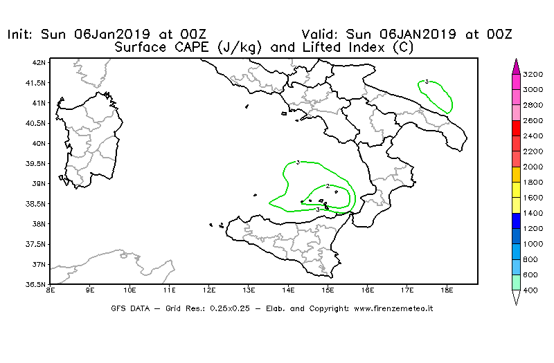 Mappa di analisi GFS - CAPE [J/kg] e Lifted Index [°C] in Sud-Italia
							del 06/01/2019 00 <!--googleoff: index-->UTC<!--googleon: index-->