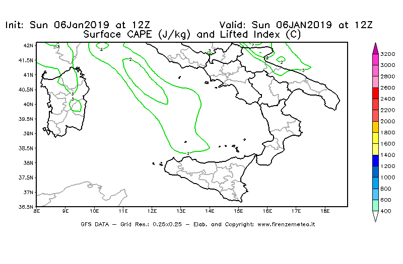 Mappa di analisi GFS - CAPE [J/kg] e Lifted Index [°C] in Sud-Italia
							del 06/01/2019 12 <!--googleoff: index-->UTC<!--googleon: index-->