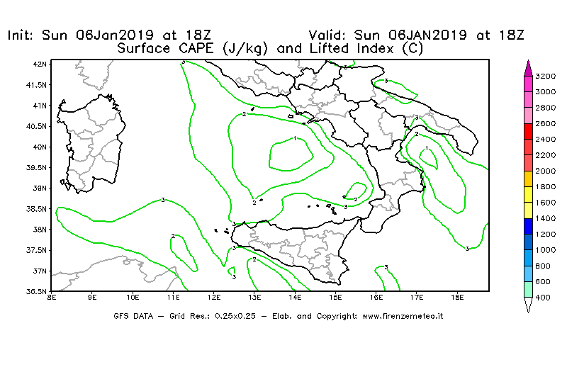 Mappa di analisi GFS - CAPE [J/kg] e Lifted Index [°C] in Sud-Italia
							del 06/01/2019 18 <!--googleoff: index-->UTC<!--googleon: index-->