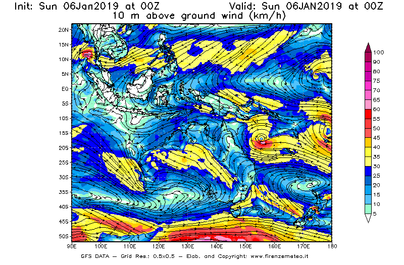 Mappa di analisi GFS - Velocità del vento a 10 metri dal suolo [km/h] in Oceania
							del 06/01/2019 00 <!--googleoff: index-->UTC<!--googleon: index-->