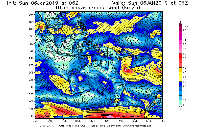 Mappa di analisi GFS - Velocità del vento a 10 metri dal suolo [km/h] in Oceania
							del 06/01/2019 06 <!--googleoff: index-->UTC<!--googleon: index-->