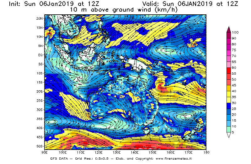 Mappa di analisi GFS - Velocità del vento a 10 metri dal suolo [km/h] in Oceania
							del 06/01/2019 12 <!--googleoff: index-->UTC<!--googleon: index-->