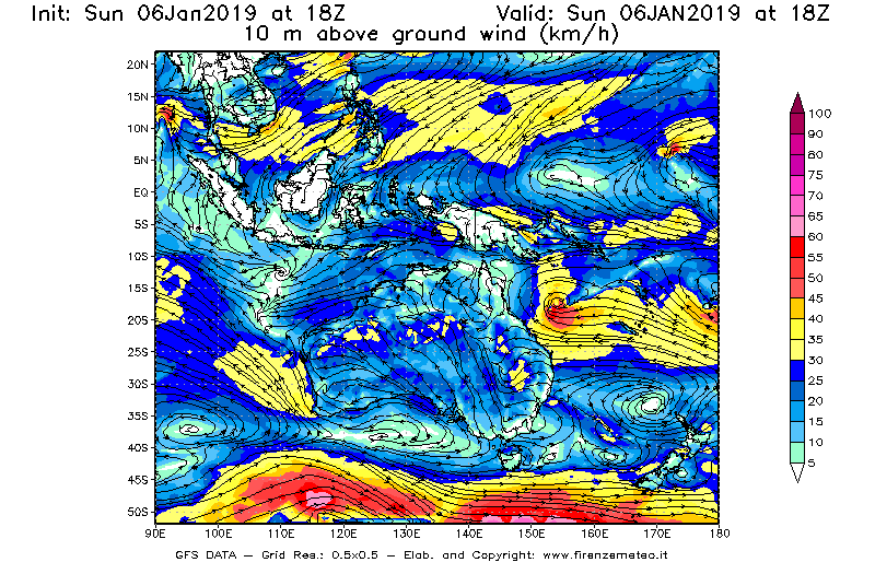 Mappa di analisi GFS - Velocità del vento a 10 metri dal suolo [km/h] in Oceania
							del 06/01/2019 18 <!--googleoff: index-->UTC<!--googleon: index-->