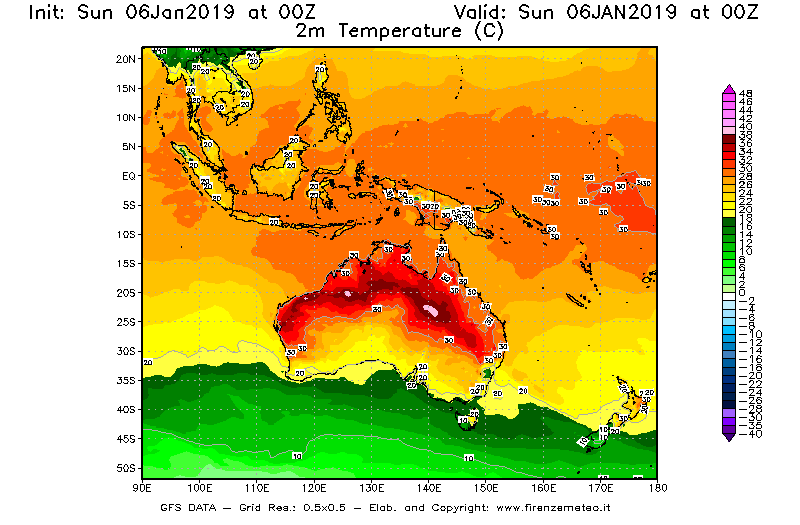 Mappa di analisi GFS - Temperatura a 2 metri dal suolo [°C] in Oceania
							del 06/01/2019 00 <!--googleoff: index-->UTC<!--googleon: index-->