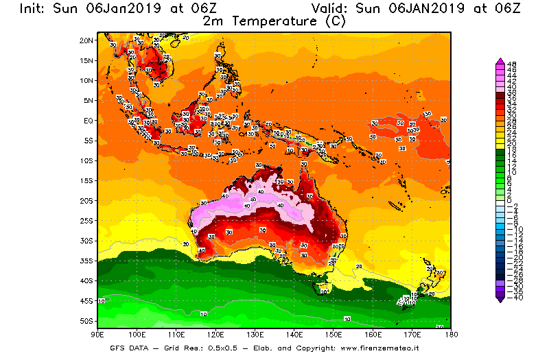 Mappa di analisi GFS - Temperatura a 2 metri dal suolo [°C] in Oceania
							del 06/01/2019 06 <!--googleoff: index-->UTC<!--googleon: index-->
