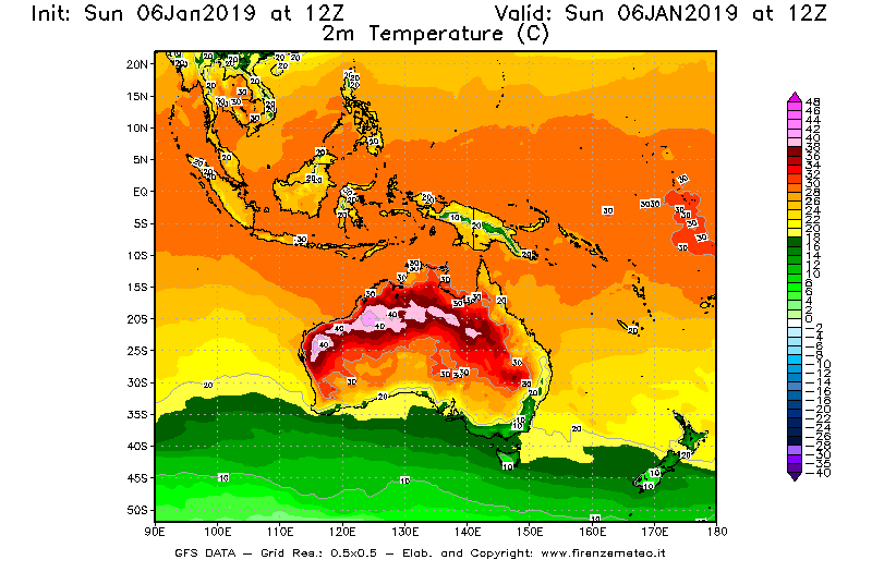 Mappa di analisi GFS - Temperatura a 2 metri dal suolo [°C] in Oceania
							del 06/01/2019 12 <!--googleoff: index-->UTC<!--googleon: index-->