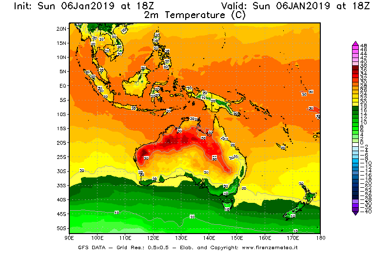 Mappa di analisi GFS - Temperatura a 2 metri dal suolo [°C] in Oceania
							del 06/01/2019 18 <!--googleoff: index-->UTC<!--googleon: index-->