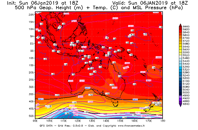 Mappa di analisi GFS - Geopotenziale [m] + Temp. [°C] a 500 hPa + Press. a livello del mare [hPa] in Oceania
							del 06/01/2019 18 <!--googleoff: index-->UTC<!--googleon: index-->