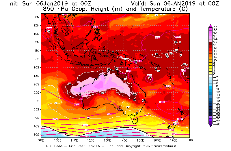 Mappa di analisi GFS - Geopotenziale [m] e Temperatura [°C] a 850 hPa in Oceania
							del 06/01/2019 00 <!--googleoff: index-->UTC<!--googleon: index-->
