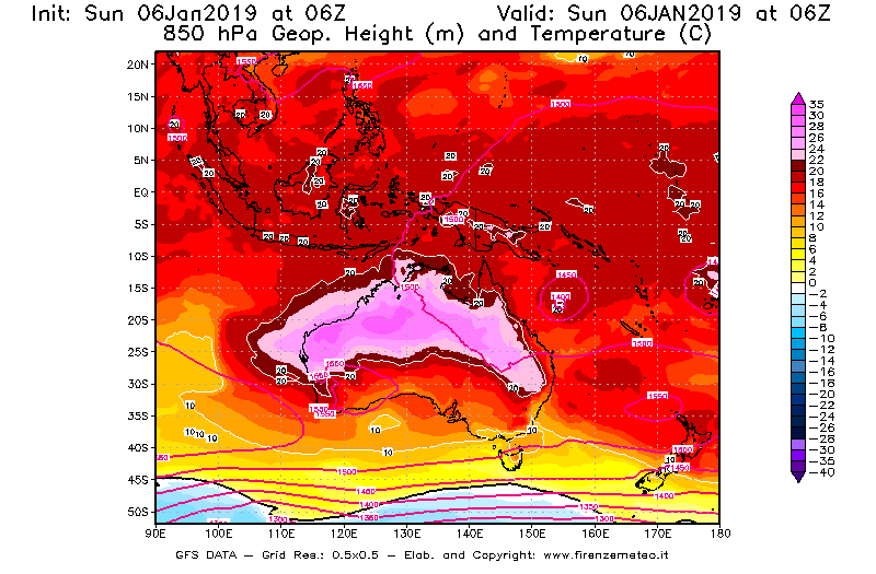 Mappa di analisi GFS - Geopotenziale [m] e Temperatura [°C] a 850 hPa in Oceania
							del 06/01/2019 06 <!--googleoff: index-->UTC<!--googleon: index-->