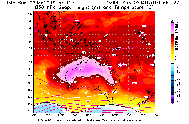 Mappa di analisi GFS - Geopotenziale [m] e Temperatura [°C] a 850 hPa in Oceania
							del 06/01/2019 12 <!--googleoff: index-->UTC<!--googleon: index-->