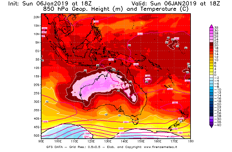 Mappa di analisi GFS - Geopotenziale [m] e Temperatura [°C] a 850 hPa in Oceania
							del 06/01/2019 18 <!--googleoff: index-->UTC<!--googleon: index-->