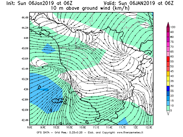 Mappa di analisi GFS - Velocità del vento a 10 metri dal suolo [km/h] in Toscana
							del 06/01/2019 06 <!--googleoff: index-->UTC<!--googleon: index-->