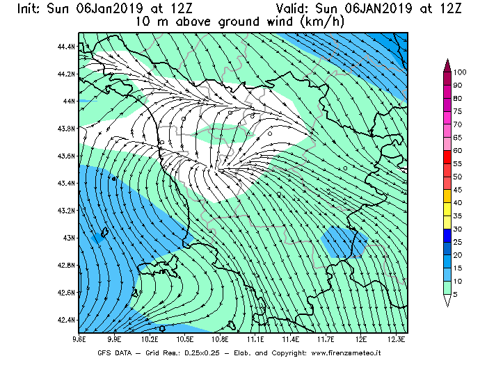 Mappa di analisi GFS - Velocità del vento a 10 metri dal suolo [km/h] in Toscana
							del 06/01/2019 12 <!--googleoff: index-->UTC<!--googleon: index-->