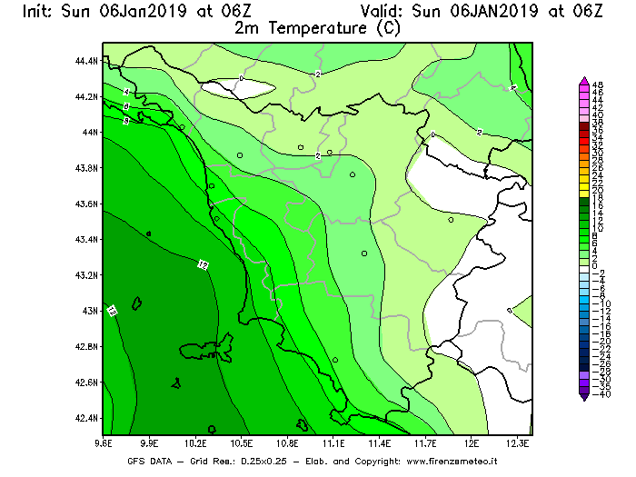 Mappa di analisi GFS - Temperatura a 2 metri dal suolo [°C] in Toscana
							del 06/01/2019 06 <!--googleoff: index-->UTC<!--googleon: index-->