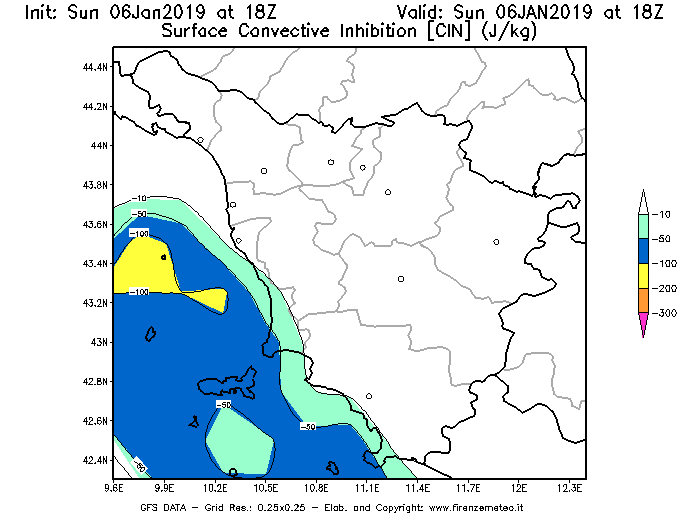 Mappa di analisi GFS - CIN [J/kg] in Toscana
							del 06/01/2019 18 <!--googleoff: index-->UTC<!--googleon: index-->