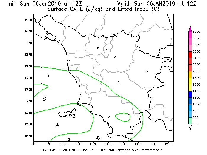 Mappa di analisi GFS - CAPE [J/kg] e Lifted Index [°C] in Toscana
							del 06/01/2019 12 <!--googleoff: index-->UTC<!--googleon: index-->