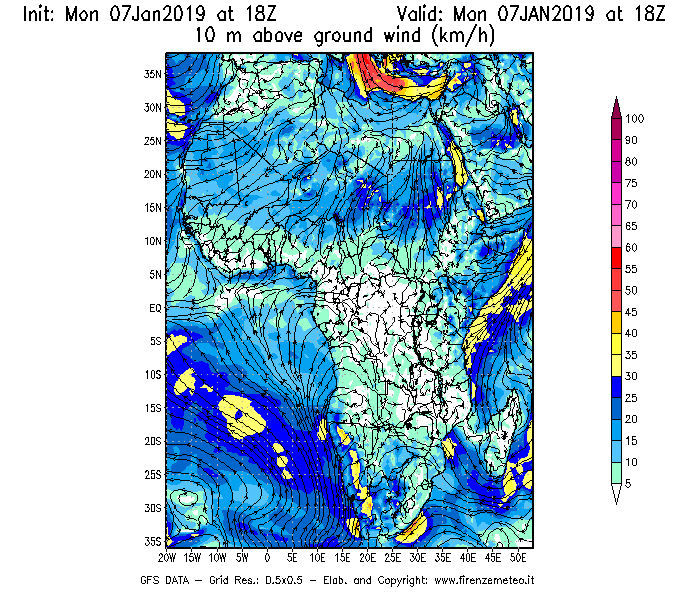 Mappa di analisi GFS - Velocità del vento a 10 metri dal suolo [km/h] in Africa
							del 07/01/2019 18 <!--googleoff: index-->UTC<!--googleon: index-->