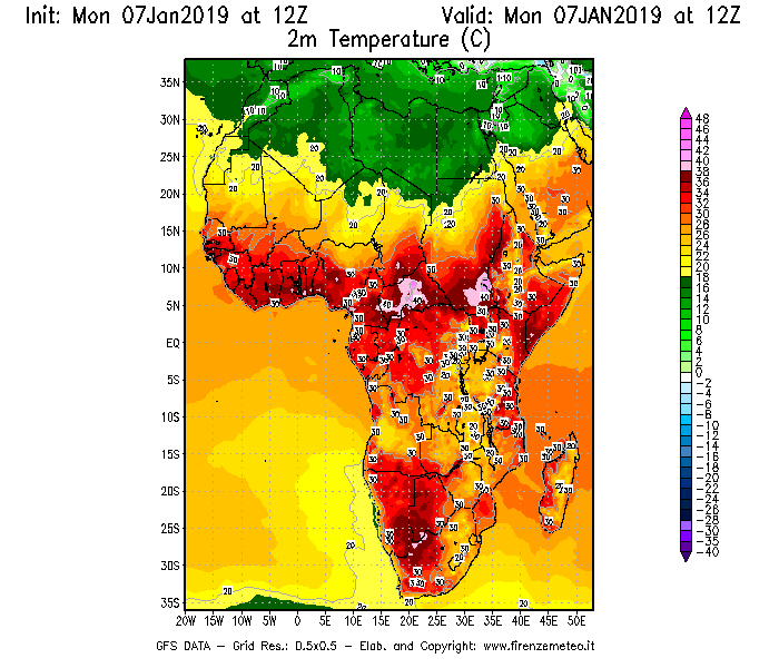 Mappa di analisi GFS - Temperatura a 2 metri dal suolo [°C] in Africa
							del 07/01/2019 12 <!--googleoff: index-->UTC<!--googleon: index-->