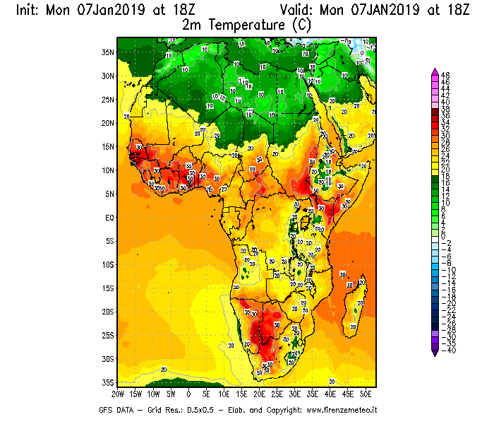 Mappa di analisi GFS - Temperatura a 2 metri dal suolo [°C] in Africa
							del 07/01/2019 18 <!--googleoff: index-->UTC<!--googleon: index-->