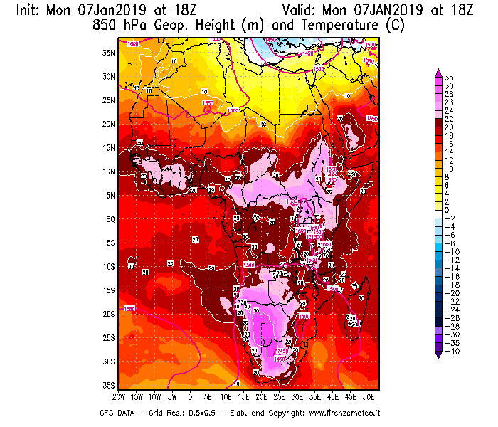 Mappa di analisi GFS - Geopotenziale [m] e Temperatura [°C] a 850 hPa in Africa
							del 07/01/2019 18 <!--googleoff: index-->UTC<!--googleon: index-->