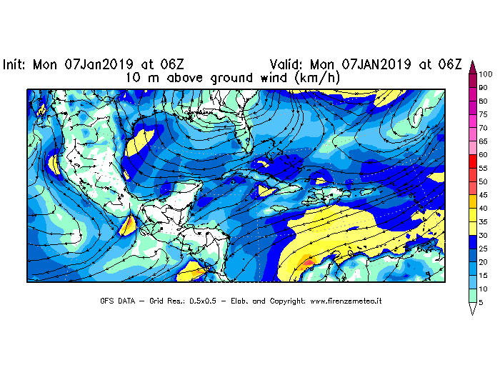 Mappa di analisi GFS - Velocità del vento a 10 metri dal suolo [km/h] in Centro-America
							del 07/01/2019 06 <!--googleoff: index-->UTC<!--googleon: index-->