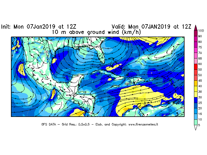 Mappa di analisi GFS - Velocità del vento a 10 metri dal suolo [km/h] in Centro-America
							del 07/01/2019 12 <!--googleoff: index-->UTC<!--googleon: index-->