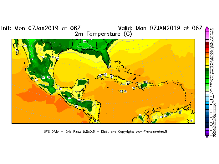 Mappa di analisi GFS - Temperatura a 2 metri dal suolo [°C] in Centro-America
							del 07/01/2019 06 <!--googleoff: index-->UTC<!--googleon: index-->