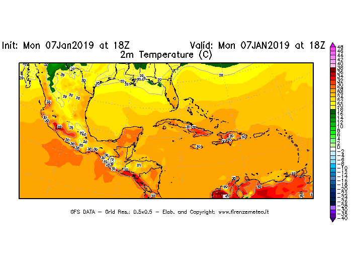 Mappa di analisi GFS - Temperatura a 2 metri dal suolo [°C] in Centro-America
							del 07/01/2019 18 <!--googleoff: index-->UTC<!--googleon: index-->