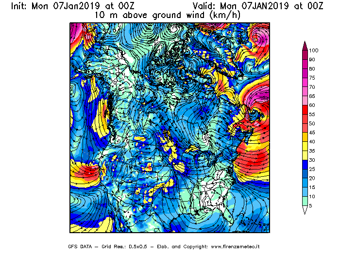 Mappa di analisi GFS - Velocità del vento a 10 metri dal suolo [km/h] in Nord-America
							del 07/01/2019 00 <!--googleoff: index-->UTC<!--googleon: index-->