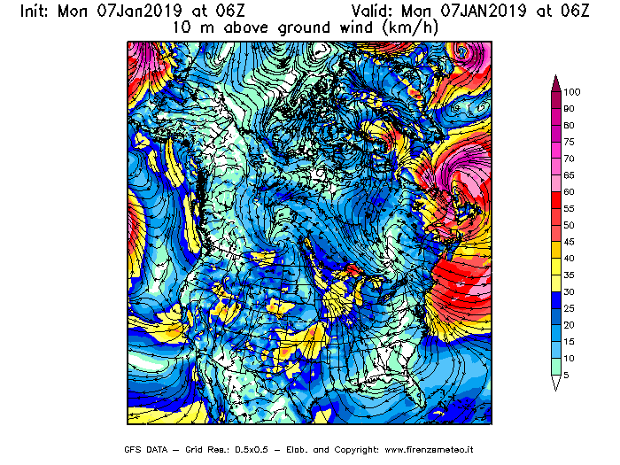 Mappa di analisi GFS - Velocità del vento a 10 metri dal suolo [km/h] in Nord-America
							del 07/01/2019 06 <!--googleoff: index-->UTC<!--googleon: index-->