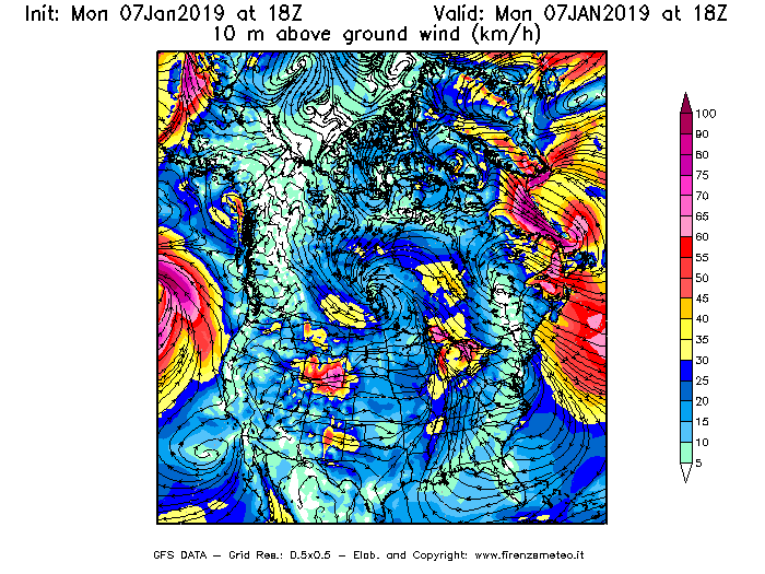 Mappa di analisi GFS - Velocità del vento a 10 metri dal suolo [km/h] in Nord-America
							del 07/01/2019 18 <!--googleoff: index-->UTC<!--googleon: index-->