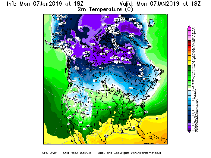 Mappa di analisi GFS - Temperatura a 2 metri dal suolo [°C] in Nord-America
							del 07/01/2019 18 <!--googleoff: index-->UTC<!--googleon: index-->