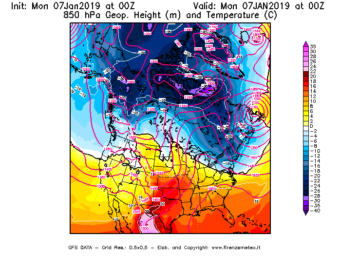 Mappa di analisi GFS - Geopotenziale [m] e Temperatura [°C] a 850 hPa in Nord-America
							del 07/01/2019 00 <!--googleoff: index-->UTC<!--googleon: index-->