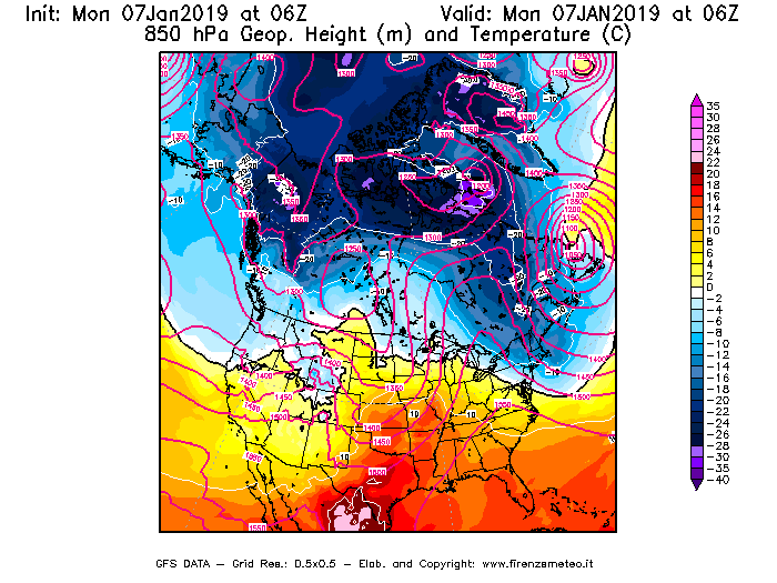Mappa di analisi GFS - Geopotenziale [m] e Temperatura [°C] a 850 hPa in Nord-America
							del 07/01/2019 06 <!--googleoff: index-->UTC<!--googleon: index-->