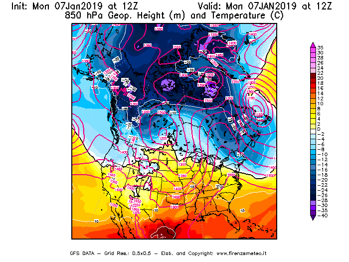 Mappa di analisi GFS - Geopotenziale [m] e Temperatura [°C] a 850 hPa in Nord-America
							del 07/01/2019 12 <!--googleoff: index-->UTC<!--googleon: index-->